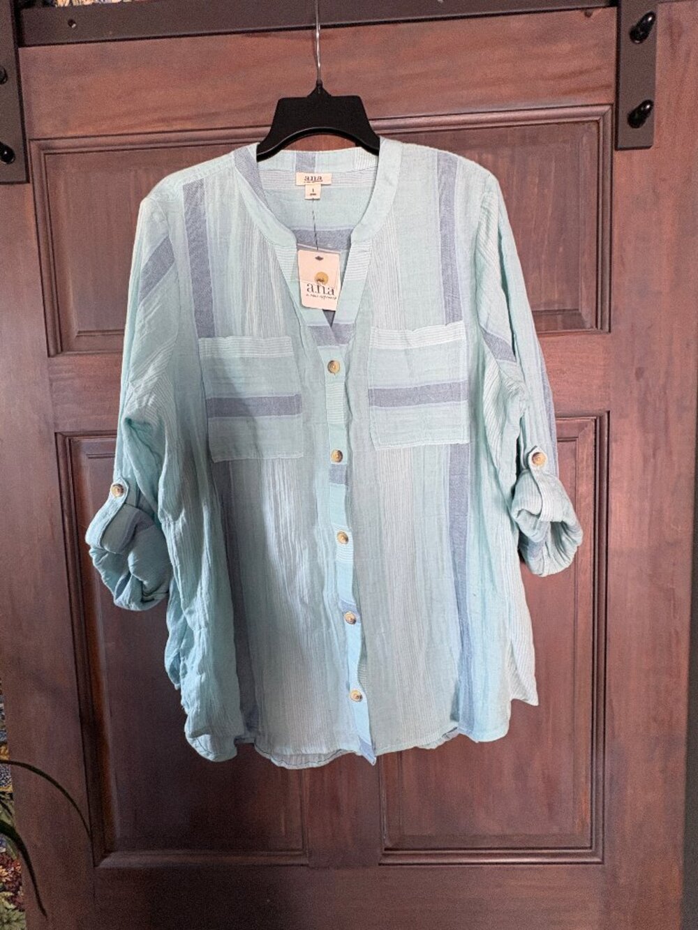NWT- A.N.A Blue striped button down top Size LARGE